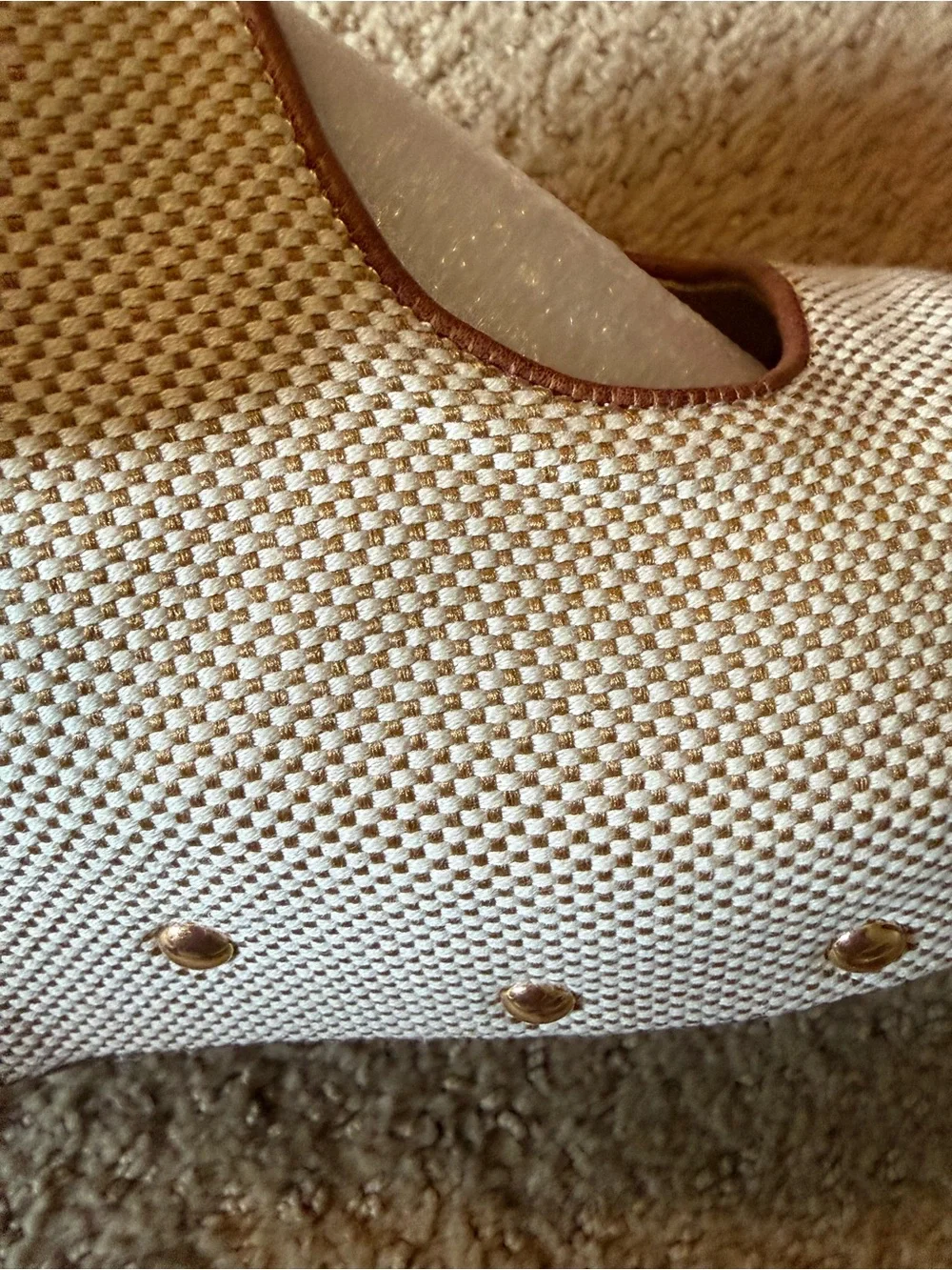 Cream Woven Cork Wedge Sandals with Stud Accents